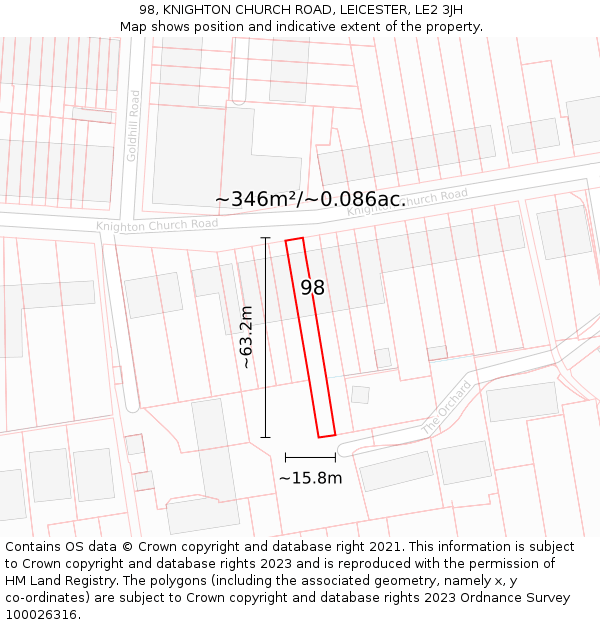 98, KNIGHTON CHURCH ROAD, LEICESTER, LE2 3JH: Plot and title map