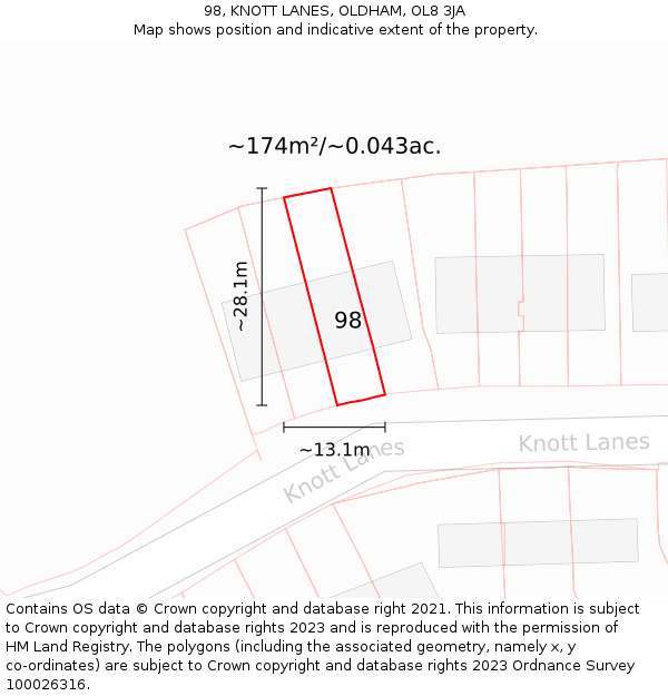 98, KNOTT LANES, OLDHAM, OL8 3JA: Plot and title map