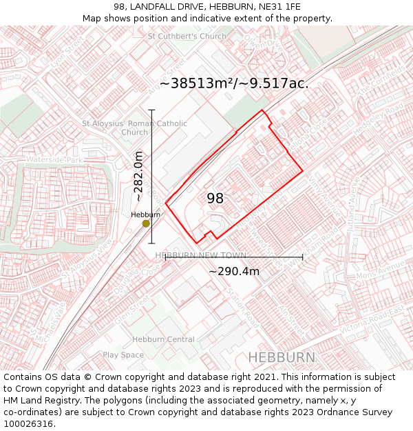 98, LANDFALL DRIVE, HEBBURN, NE31 1FE: Plot and title map