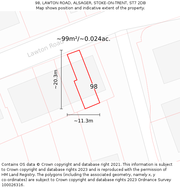 98, LAWTON ROAD, ALSAGER, STOKE-ON-TRENT, ST7 2DB: Plot and title map