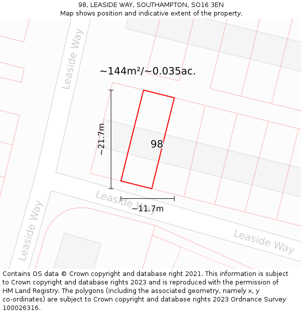 98, LEASIDE WAY, SOUTHAMPTON, SO16 3EN: Plot and title map