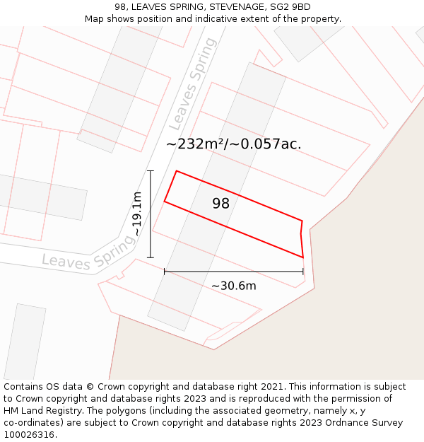 98, LEAVES SPRING, STEVENAGE, SG2 9BD: Plot and title map