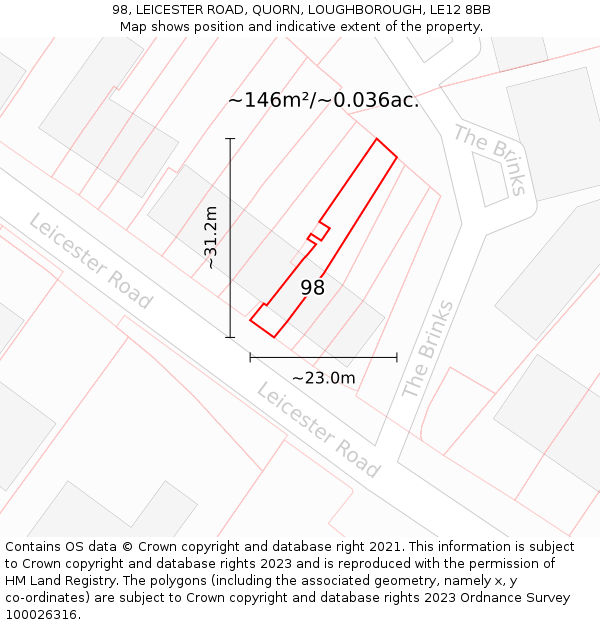 98, LEICESTER ROAD, QUORN, LOUGHBOROUGH, LE12 8BB: Plot and title map