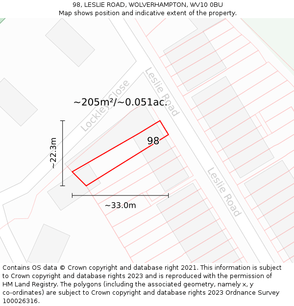 98, LESLIE ROAD, WOLVERHAMPTON, WV10 0BU: Plot and title map