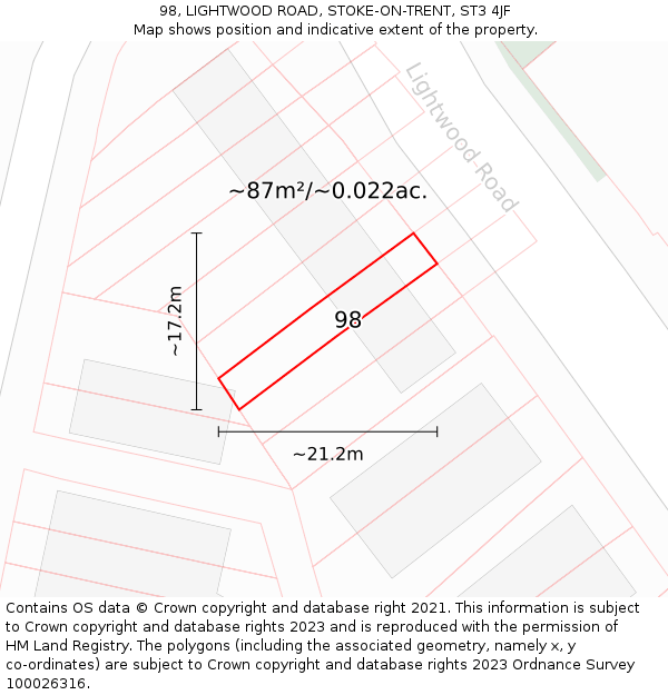 98, LIGHTWOOD ROAD, STOKE-ON-TRENT, ST3 4JF: Plot and title map