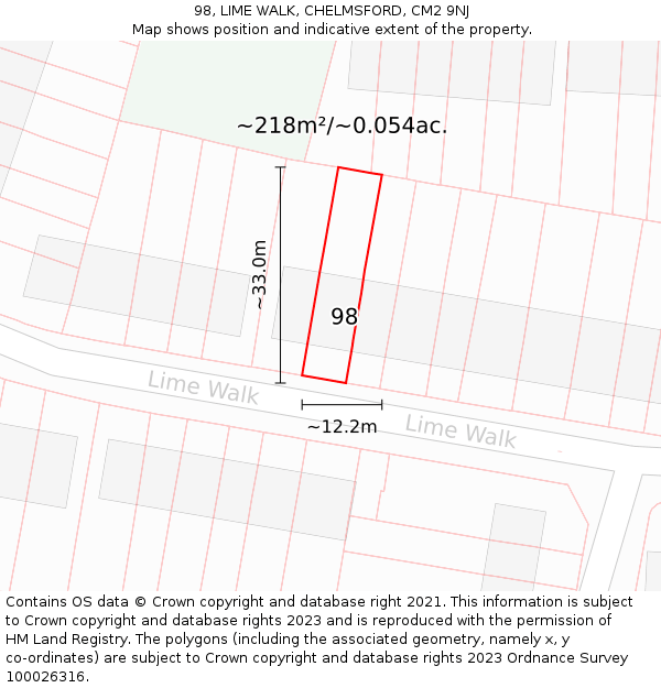 98, LIME WALK, CHELMSFORD, CM2 9NJ: Plot and title map
