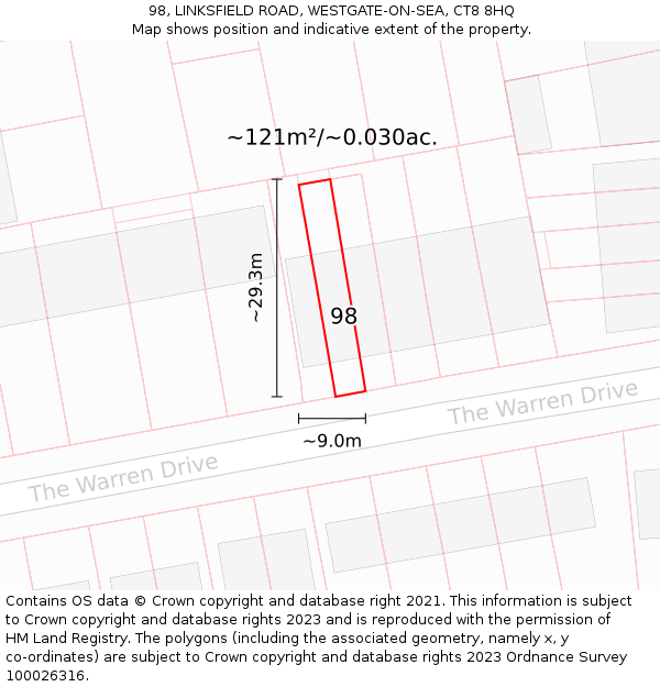 98, LINKSFIELD ROAD, WESTGATE-ON-SEA, CT8 8HQ: Plot and title map