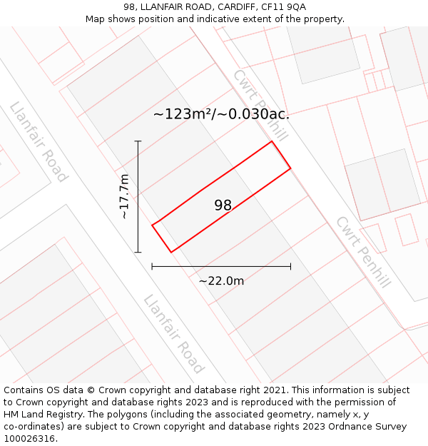 98, LLANFAIR ROAD, CARDIFF, CF11 9QA: Plot and title map