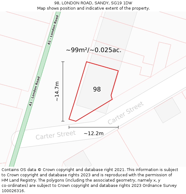 98, LONDON ROAD, SANDY, SG19 1DW: Plot and title map
