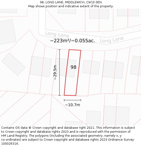 98, LONG LANE, MIDDLEWICH, CW10 0EN: Plot and title map
