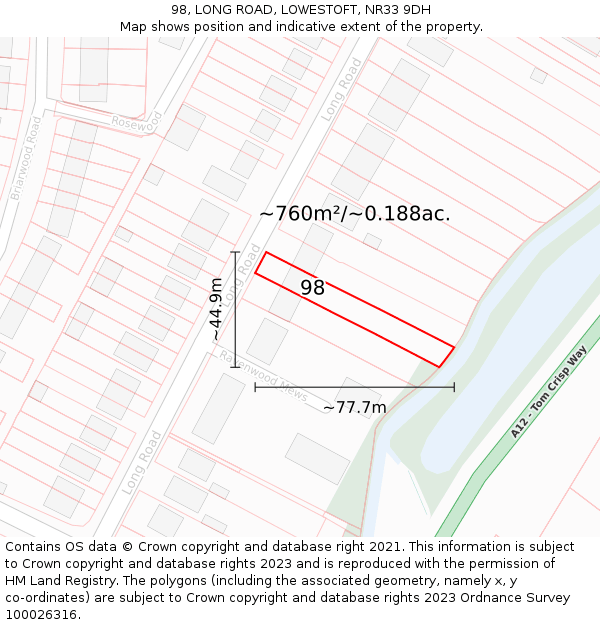 98, LONG ROAD, LOWESTOFT, NR33 9DH: Plot and title map