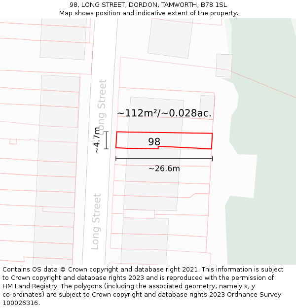 98, LONG STREET, DORDON, TAMWORTH, B78 1SL: Plot and title map