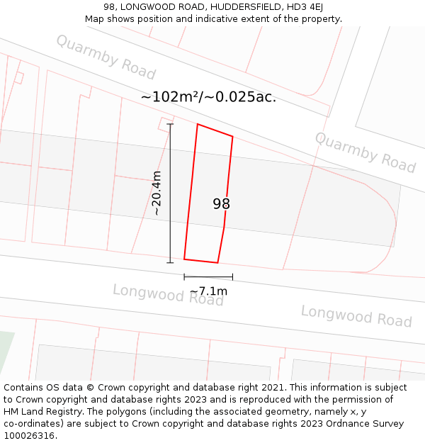 98, LONGWOOD ROAD, HUDDERSFIELD, HD3 4EJ: Plot and title map