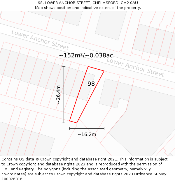 98, LOWER ANCHOR STREET, CHELMSFORD, CM2 0AU: Plot and title map