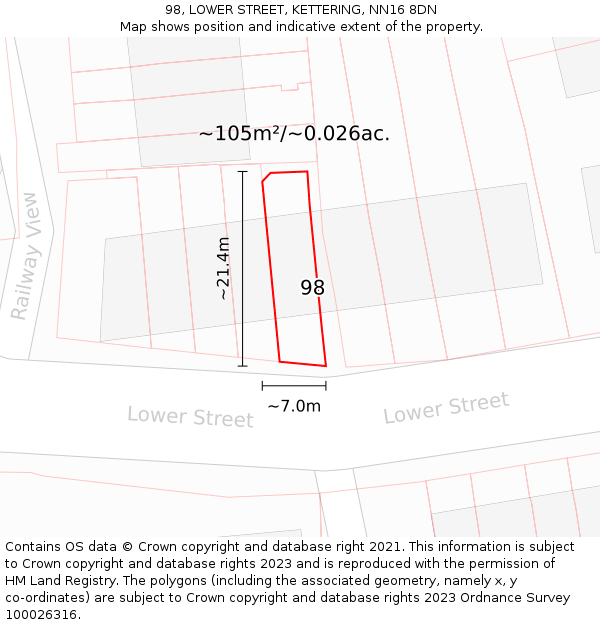 98, LOWER STREET, KETTERING, NN16 8DN: Plot and title map