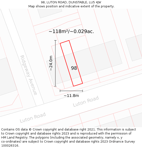 98, LUTON ROAD, DUNSTABLE, LU5 4JW: Plot and title map