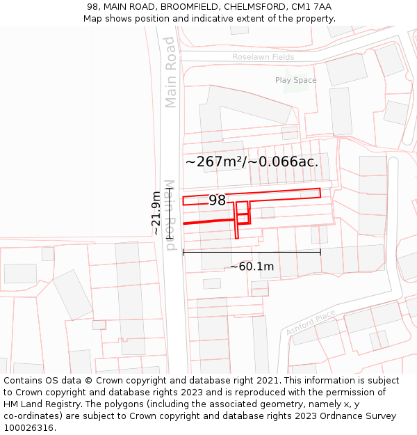98, MAIN ROAD, BROOMFIELD, CHELMSFORD, CM1 7AA: Plot and title map