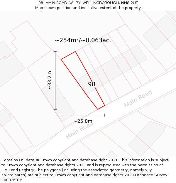 98, MAIN ROAD, WILBY, WELLINGBOROUGH, NN8 2UE: Plot and title map