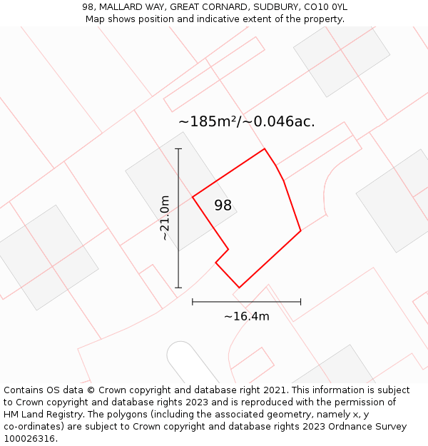 98, MALLARD WAY, GREAT CORNARD, SUDBURY, CO10 0YL: Plot and title map