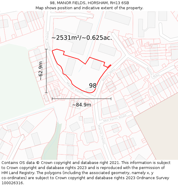 98, MANOR FIELDS, HORSHAM, RH13 6SB: Plot and title map