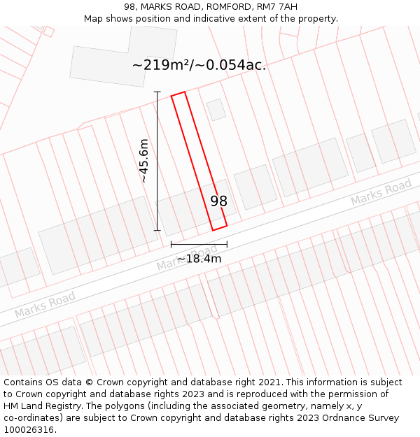98, MARKS ROAD, ROMFORD, RM7 7AH: Plot and title map