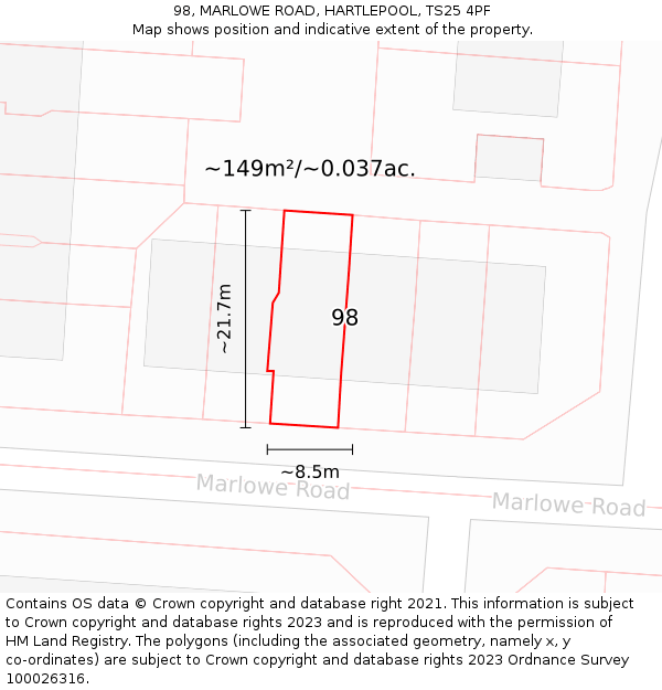 98, MARLOWE ROAD, HARTLEPOOL, TS25 4PF: Plot and title map