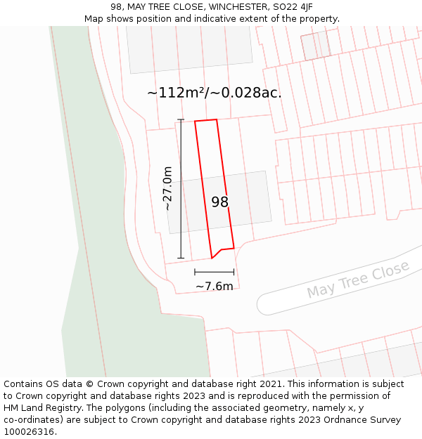98, MAY TREE CLOSE, WINCHESTER, SO22 4JF: Plot and title map