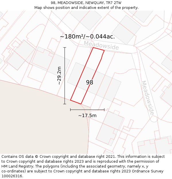 98, MEADOWSIDE, NEWQUAY, TR7 2TW: Plot and title map