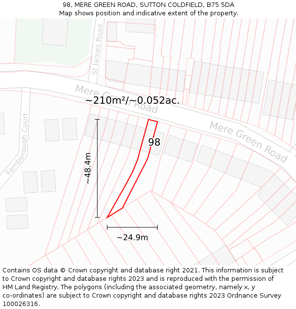 98, MERE GREEN ROAD, SUTTON COLDFIELD, B75 5DA: Plot and title map