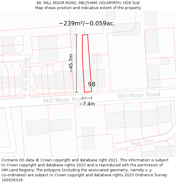 98, MILL MOOR ROAD, MELTHAM, HOLMFIRTH, HD9 5LW: Plot and title map