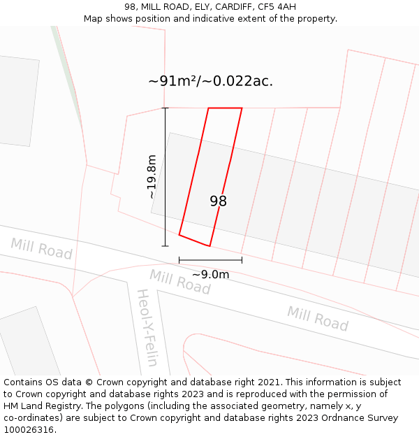 98, MILL ROAD, ELY, CARDIFF, CF5 4AH: Plot and title map
