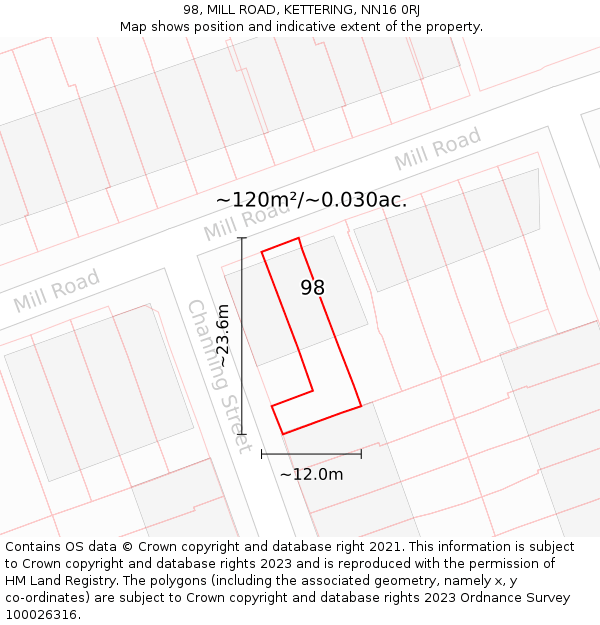 98, MILL ROAD, KETTERING, NN16 0RJ: Plot and title map