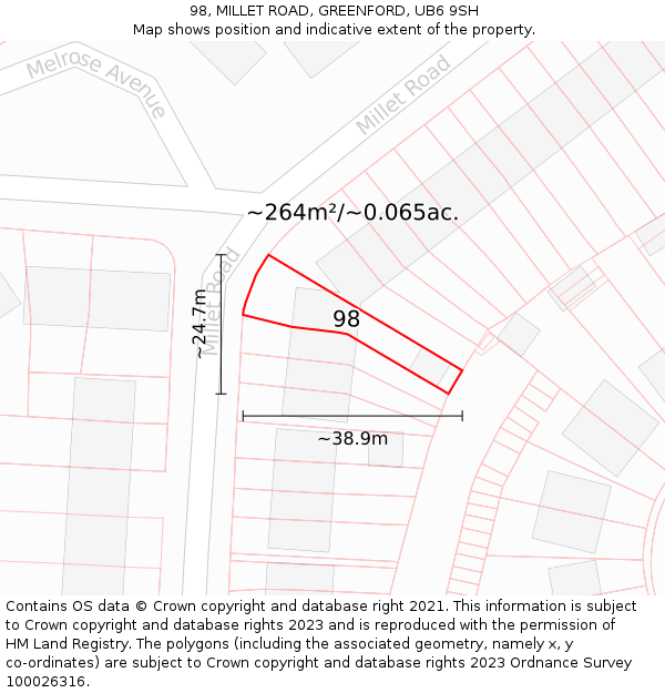 98, MILLET ROAD, GREENFORD, UB6 9SH: Plot and title map