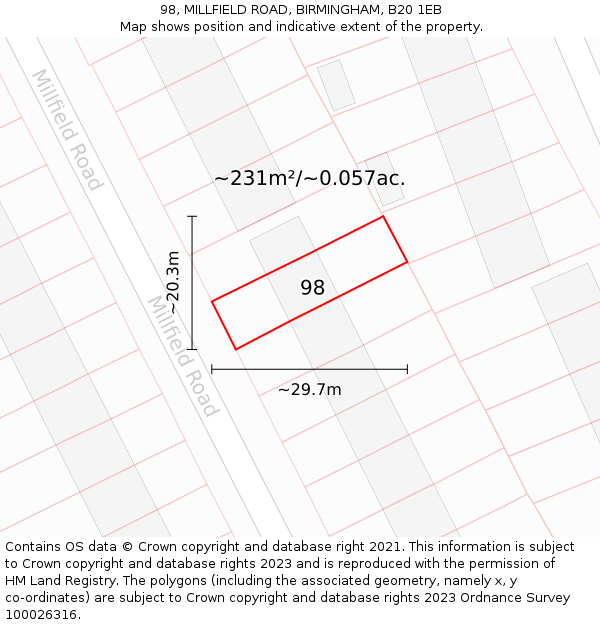 98, MILLFIELD ROAD, BIRMINGHAM, B20 1EB: Plot and title map