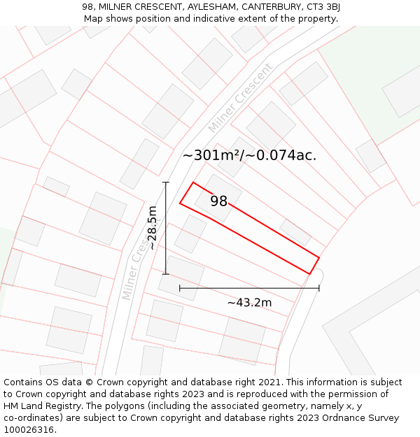 98, MILNER CRESCENT, AYLESHAM, CANTERBURY, CT3 3BJ: Plot and title map