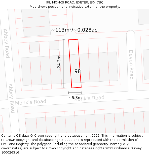 98, MONKS ROAD, EXETER, EX4 7BQ: Plot and title map