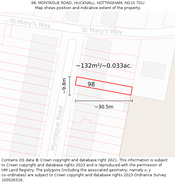 98, MONTAGUE ROAD, HUCKNALL, NOTTINGHAM, NG15 7DU: Plot and title map