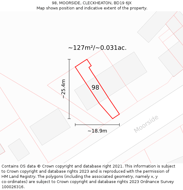 98, MOORSIDE, CLECKHEATON, BD19 6JX: Plot and title map