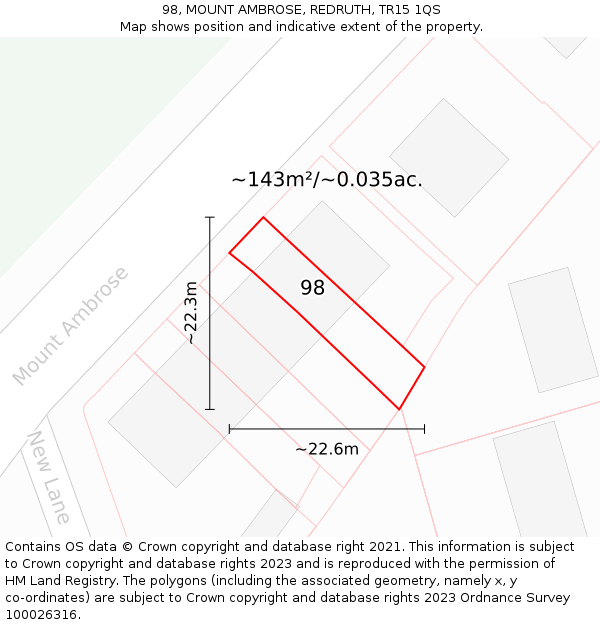 98, MOUNT AMBROSE, REDRUTH, TR15 1QS: Plot and title map