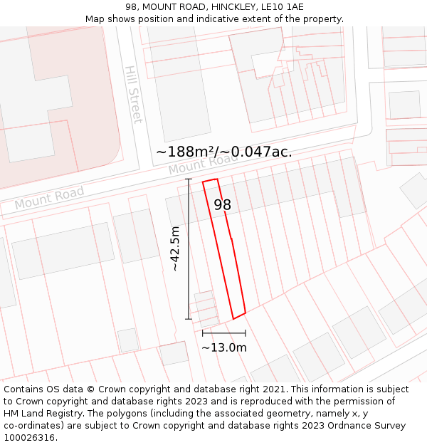 98, MOUNT ROAD, HINCKLEY, LE10 1AE: Plot and title map