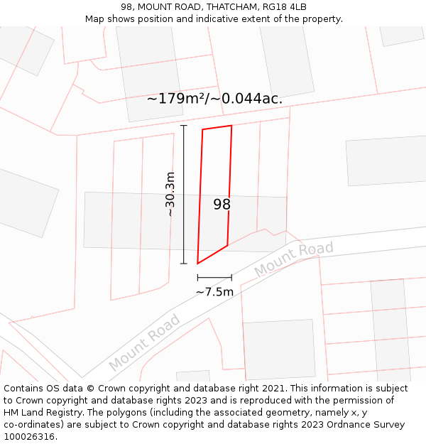 98, MOUNT ROAD, THATCHAM, RG18 4LB: Plot and title map