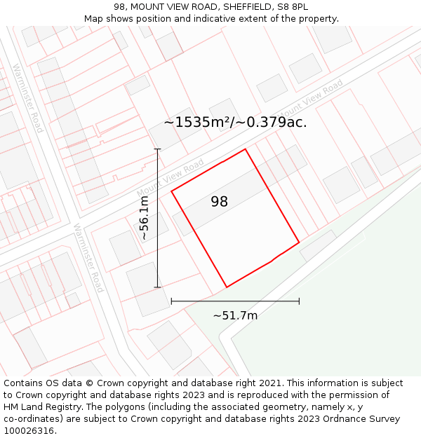98, MOUNT VIEW ROAD, SHEFFIELD, S8 8PL: Plot and title map