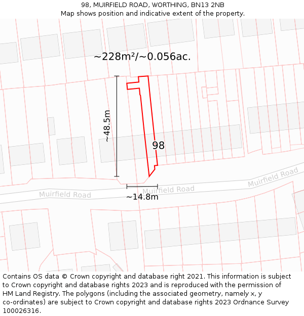 98, MUIRFIELD ROAD, WORTHING, BN13 2NB: Plot and title map