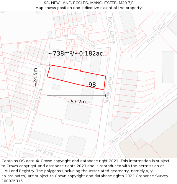 98, NEW LANE, ECCLES, MANCHESTER, M30 7JE: Plot and title map