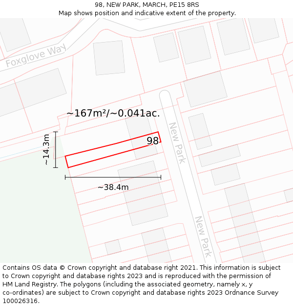 98, NEW PARK, MARCH, PE15 8RS: Plot and title map