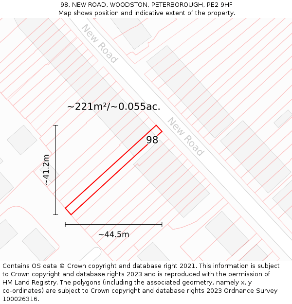 98, NEW ROAD, WOODSTON, PETERBOROUGH, PE2 9HF: Plot and title map