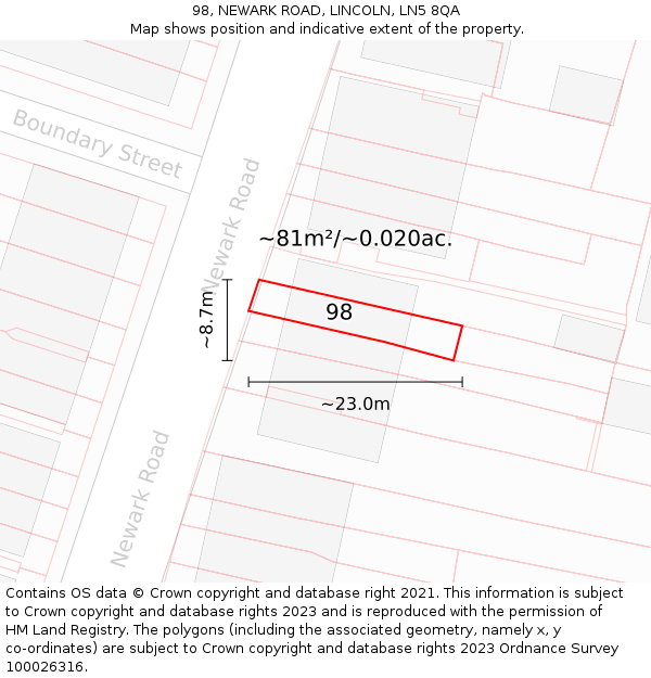 98, NEWARK ROAD, LINCOLN, LN5 8QA: Plot and title map