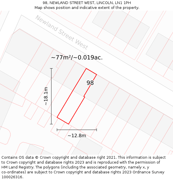 98, NEWLAND STREET WEST, LINCOLN, LN1 1PH: Plot and title map