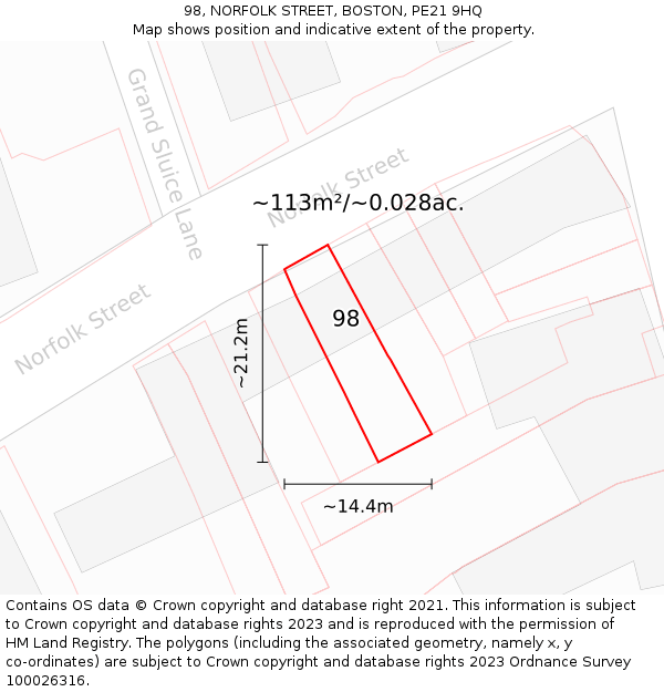 98, NORFOLK STREET, BOSTON, PE21 9HQ: Plot and title map