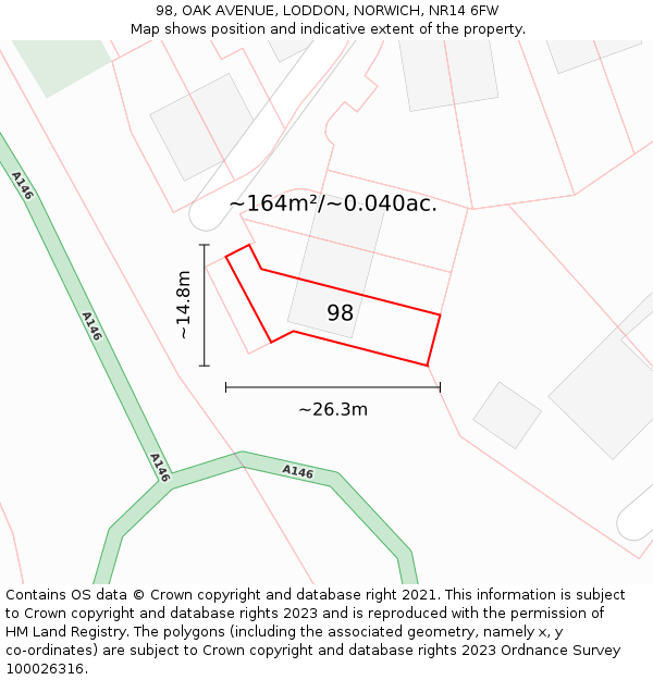 98, OAK AVENUE, LODDON, NORWICH, NR14 6FW: Plot and title map